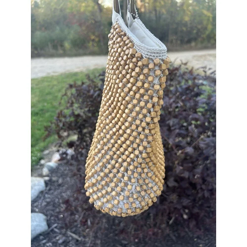Vintage 90s The Sak beige cream crochet beaded top wood handle bag retro beachy